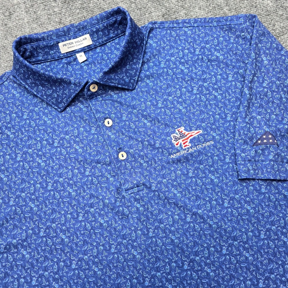 Peter Millar Summer Comfort Polo XL Blue American Dunes Wine Print Golf Shirt